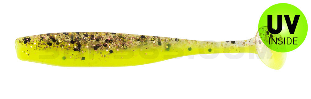 Bass Shad 2,5" (ca. 7 cm) fluogelb  / klar kupfer, schwarz Glitter