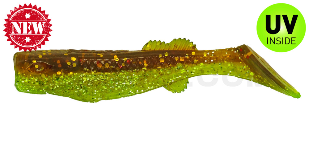 California 3" (ca. 8,0 cm) chartreuse-silber Glitter / motoroil-rot Glitter