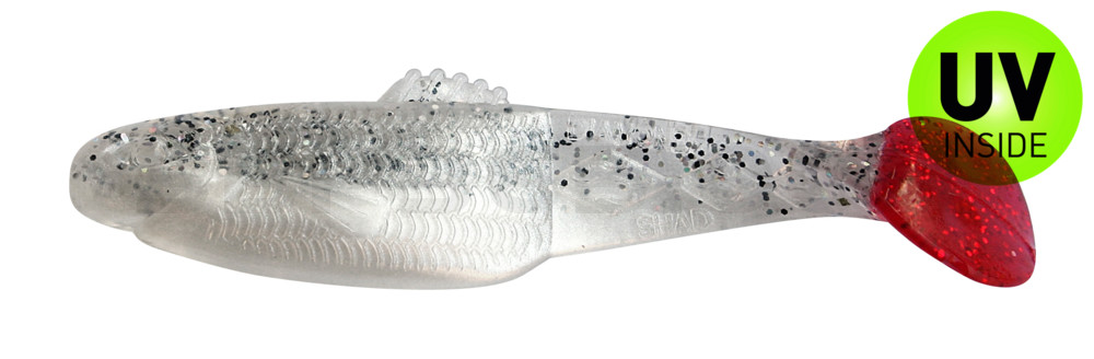Diamond-Shad 2,5" (ca. 7,0 cm) perlweiss / klar salt´n pepper Glitter / red tail