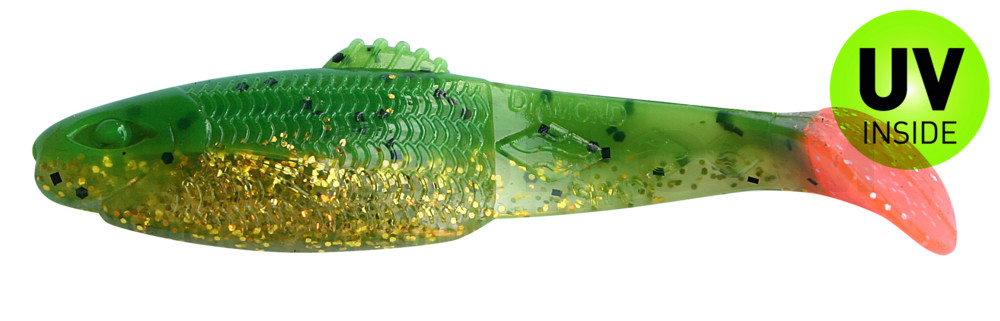 Diamond Shad 3,5" (ca. 10,0 cm) dunkelgrün Glitter  / klar gold Glitter / red tail