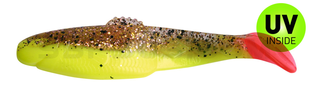 Diamond Shad 5" (ca. 13,5 cm) fluogelb  / klar kupfer, schwarz Glitter / red tail