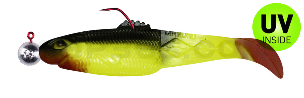 Diamond Shad 5" (ca. 13,5 cm) fluogelb / schwarz, montiert auf HBA 5/0 12g
