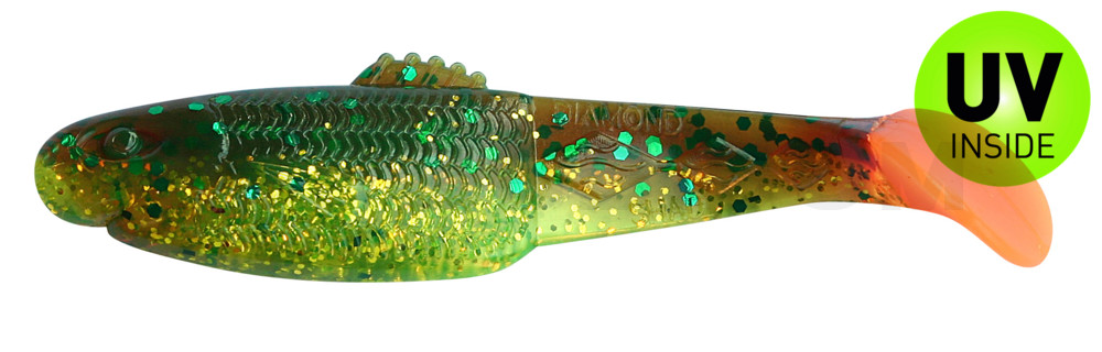 Diamond Shad 5" (ca. 13,5 cm) grün (chartreuse)-Glitter / motoroil Glitter / orange tail