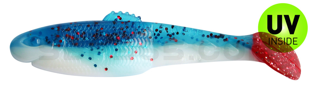 Diamond Shad 5" (ca. 13,5 cm) reinweiss / klar blau Glitter / red tail