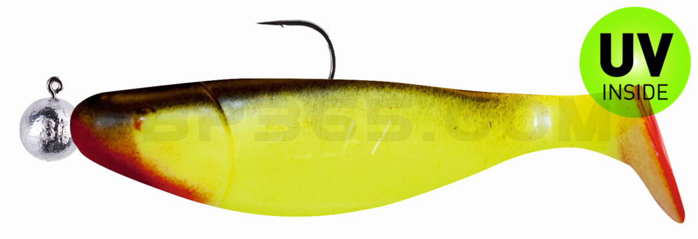 Jankes 4" (ca. 11,0 cm) fluogelb / schwarz, montiert auf SXRO 6/0 10g