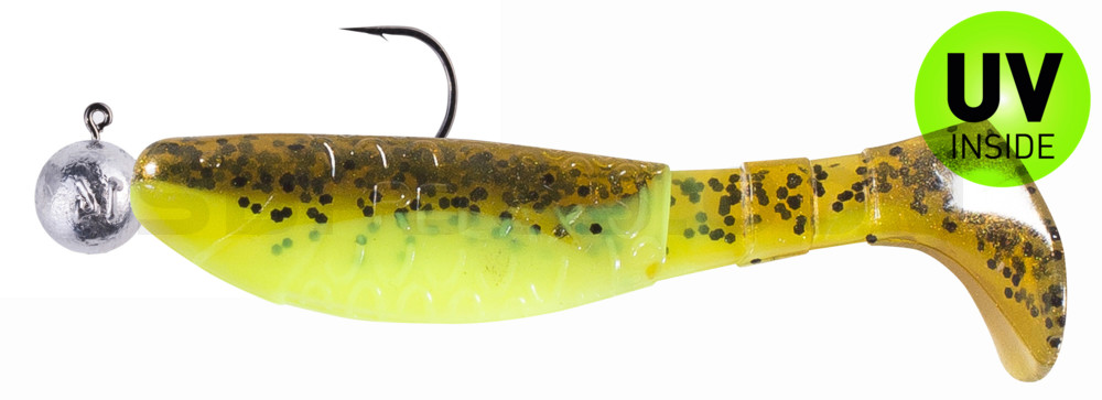 Kopyto-Classic 3" (ca. 8,0 cm) fluogelb  / olivebraun-Glitter, montiert auf SXRO 4/0 10g