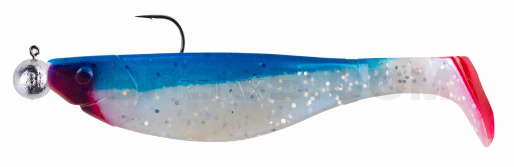 Kopyto-River 4" (ca. 12,0 cm) blauperl-Glitter / blau, montiert auf SXRO 6/0 10g