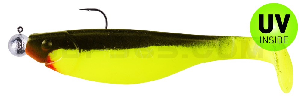 Kopyto-River 4" (ca. 12,0 cm) fluogelb / schwarz; montiert auf SXRO 6/0 10g