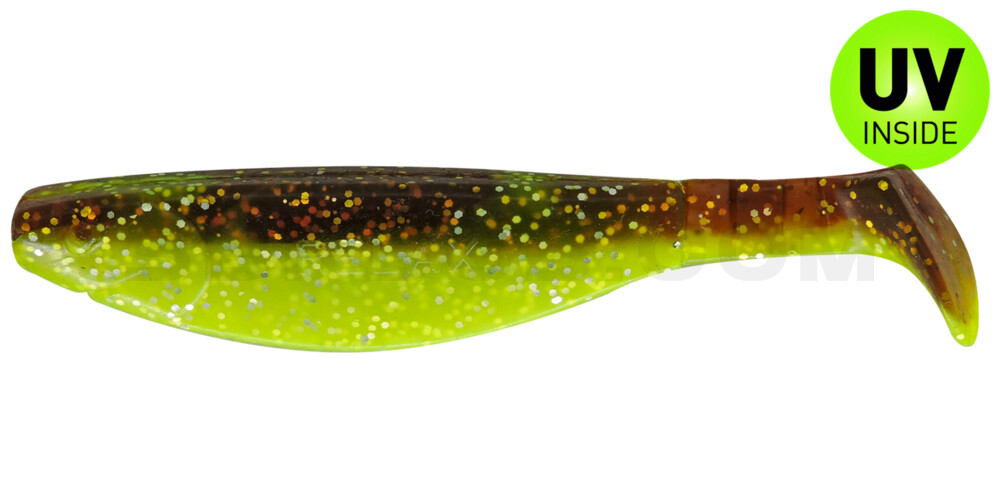 Kopyto-River 5" (ca. 13,0 cm) grün (chartreuse)-Glitter / motoroil Glitter