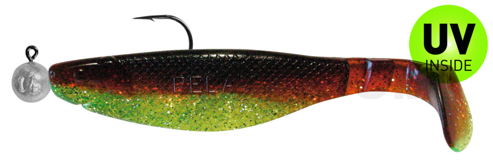 Kopyto-River 5" (ca. 14,0 cm) grün (chartreuse)-Glitter / motoroil Glitter, montiert auf MUXRO 8/0 15g