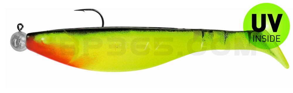 Kopyto-River 6" (ca. 16,0 cm) fluogelb / schwarz, montiert auf MUXRO 10/0 15g