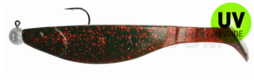 Kopyto-River 6" (ca. 16,0 cm) motoroil-rot-Glitter, montiert auf MUXRO 10/0 15g