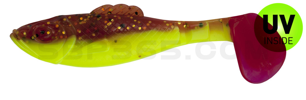 Super Shad 4" (ca. 11 cm) fluogelb  / olivebraun-Glitter / red tail