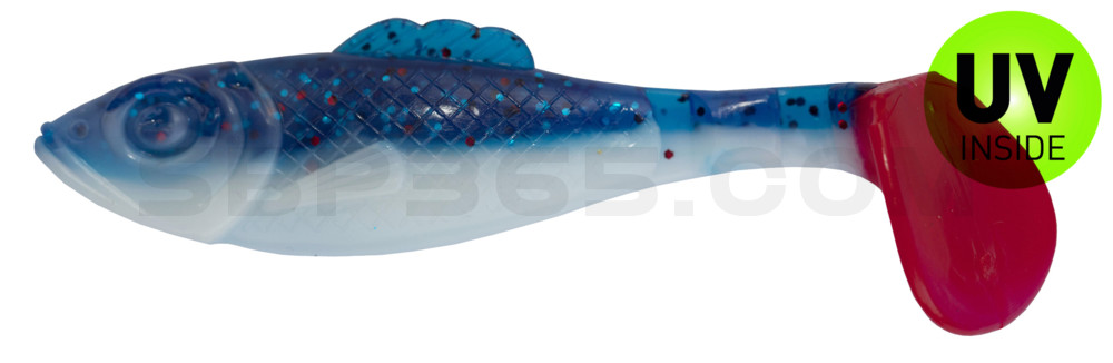 Super Shad 4" (ca. 11 cm) reinweiss / klar blau Glitter / red tail