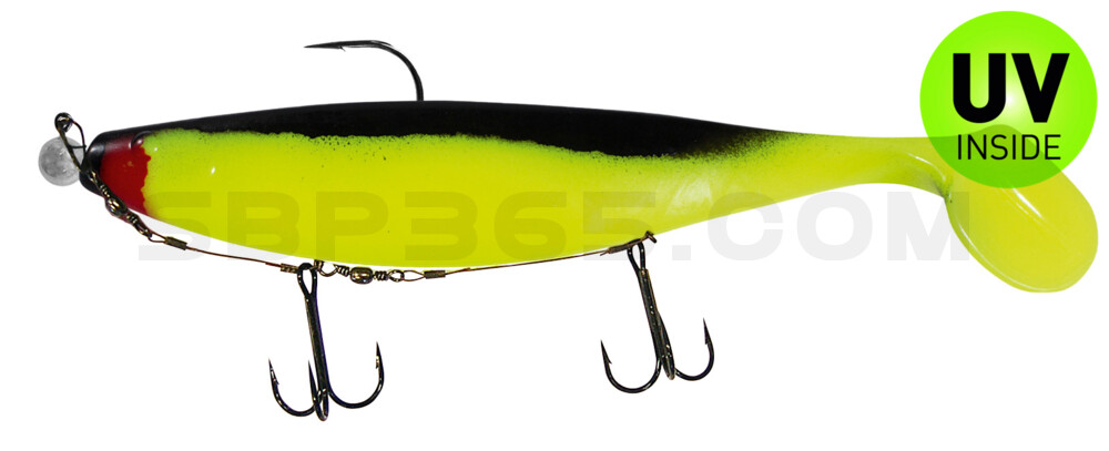 Xtra-Soft 9" (ca. 23,0 cm) fluogelb / schwarz, montiert auf MUXRO 12/0 20g, mit Beihänger-System