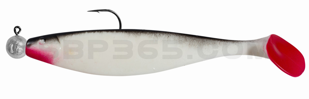 Xtra-Soft 9" (ca. 23,0 cm) reinweiss / schwarz, montiert auf MUXRO 12/0 20g, mit Beihänger-System